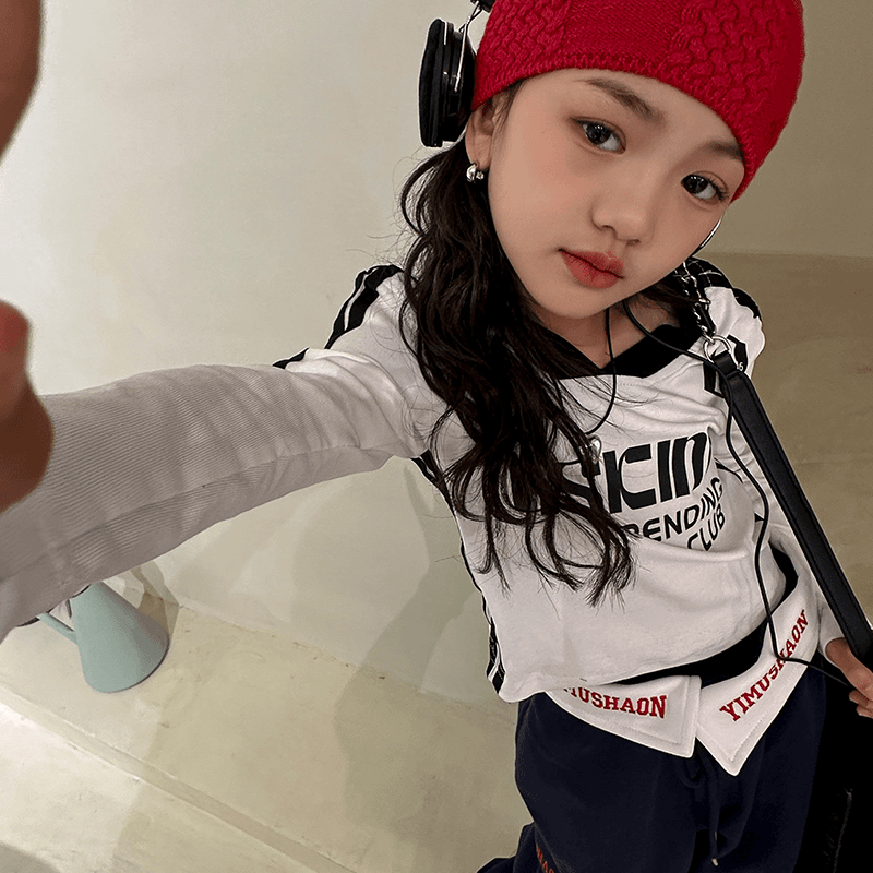 【可妈2023秋季】儿童女童童装侧条边白色潮流棉字母印花长袖T恤
