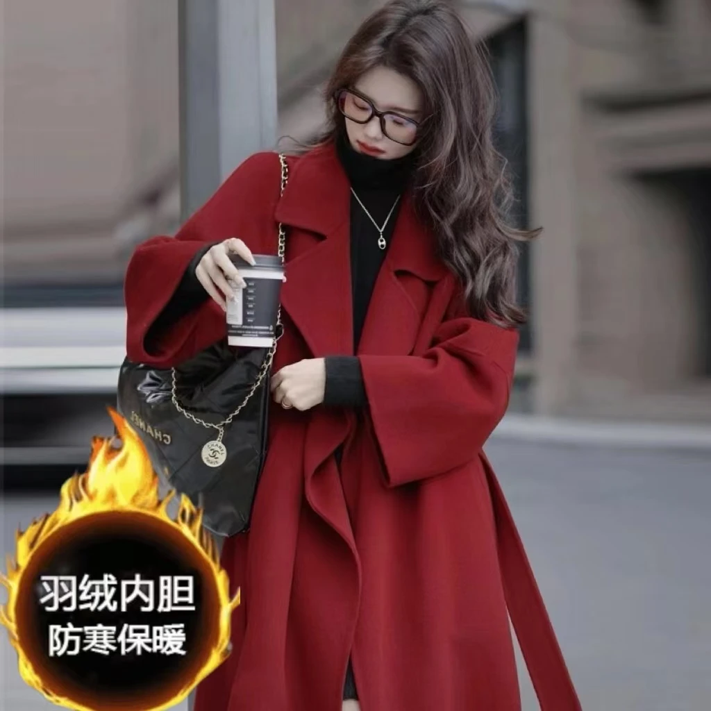 西西里红色可脱卸保暖羽绒服内胆大衣女秋冬小个子毛呢外套中长款