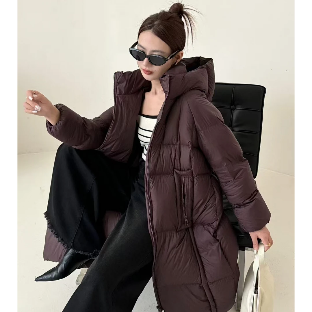 泡芙高奢2024长款冬季新款白鸭绒气质百搭时尚连帽加厚韩版8802