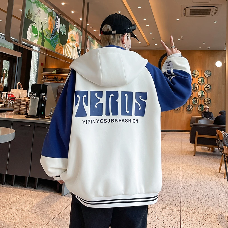 春季新款青少年连帽印花外套潮牌学院风男孩简约棒球服大童夹克衫