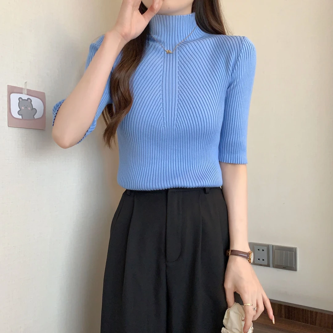 半高领针织衫毛衣女春秋新款韩版胖mm洋气纯色修身中袖打底衫上衣
