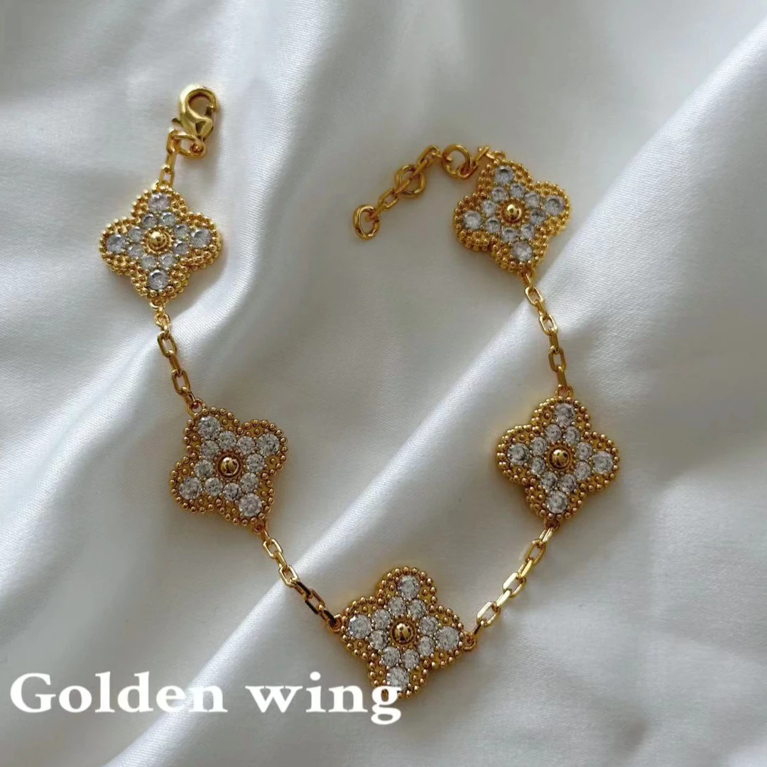铜合金锆石手链 GoIden wing 高级感镶锆石四叶草五花手链3008