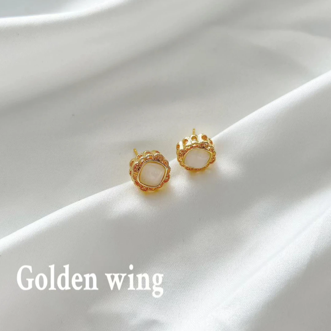 铜合金合成锆石耳饰 Golden wing镂空圆形镶嵌白猫眼耳饰1028