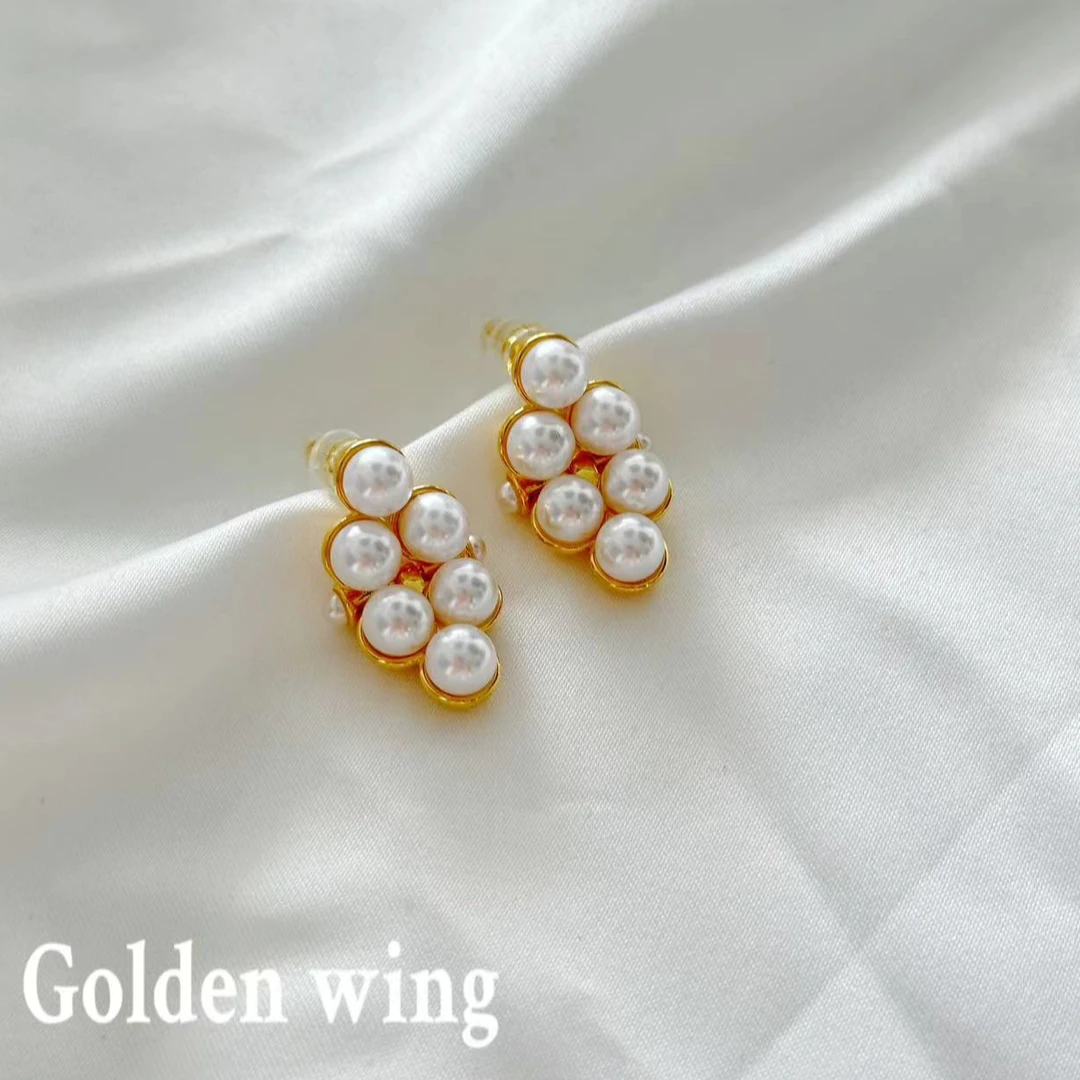 铜合金仿珍珠耳饰 Golden wing珍珠葡萄串法式复古旧中古耳饰1091