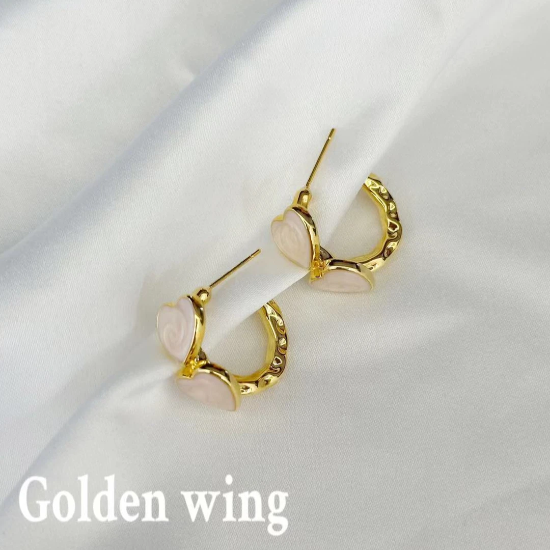 铜合金硅胶耳饰 Golden wing流沙滴釉粉白双爱心耳饰1121
