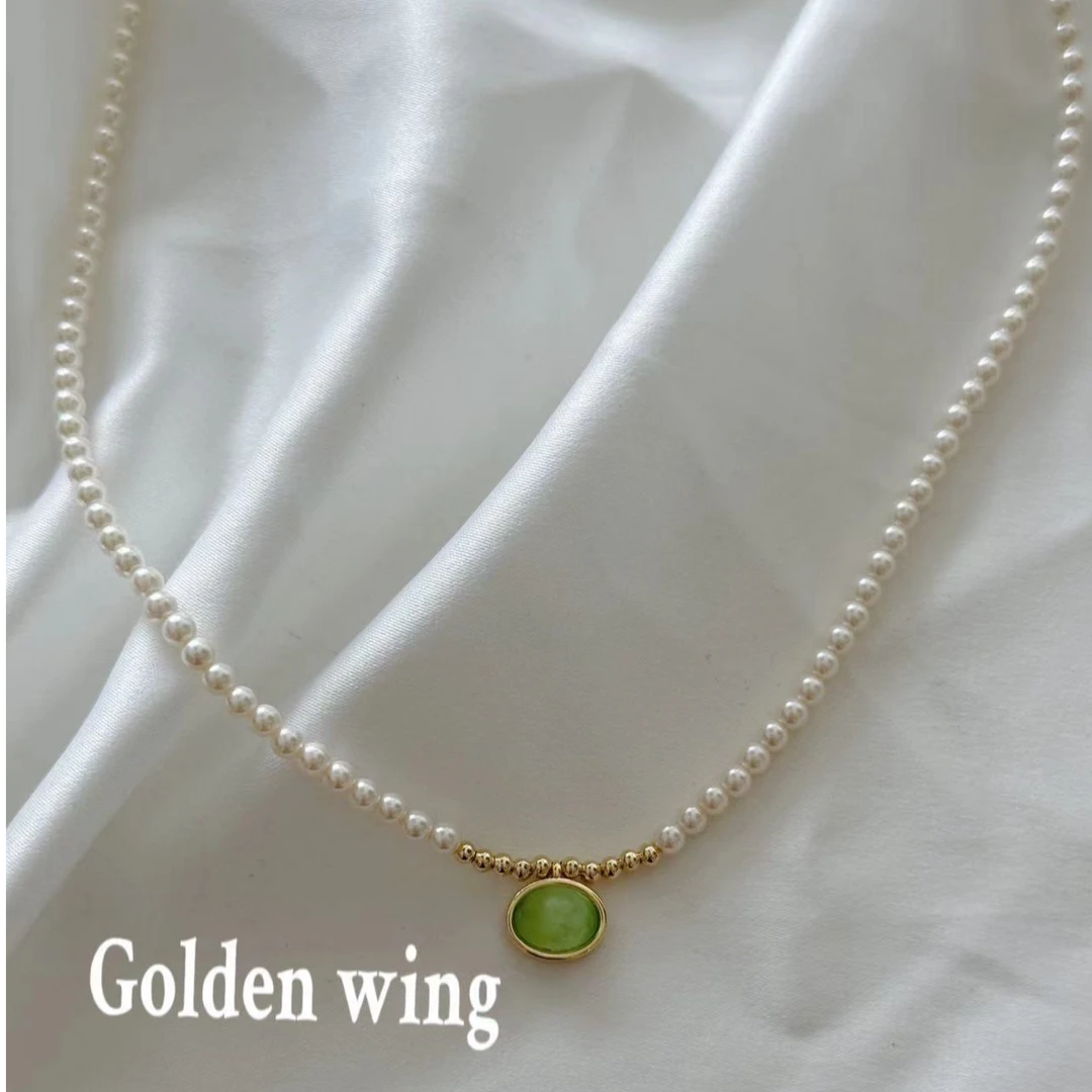 铜合金仿珍珠项链 Golden wing气质典雅绿色圆珠项链4020