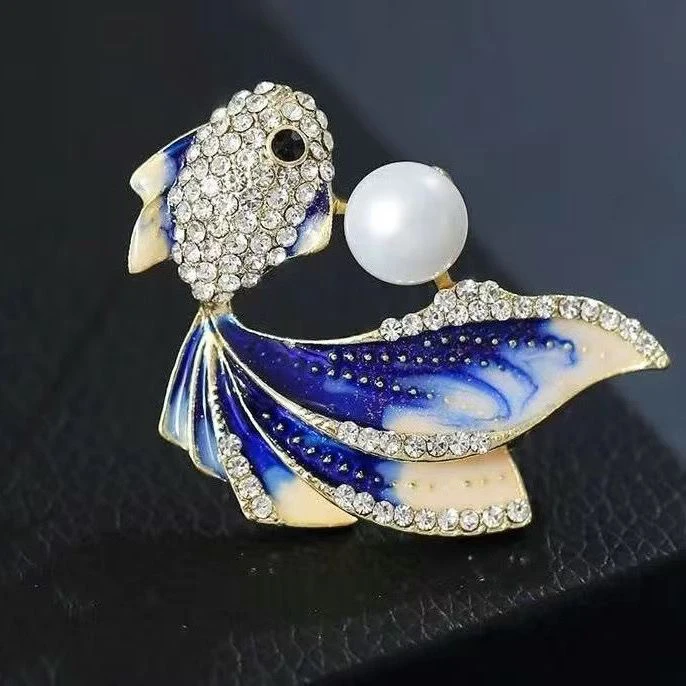 天然淡水珍珠高档金鱼胸花气质百搭别针蓝色轻奢国风奢华精致