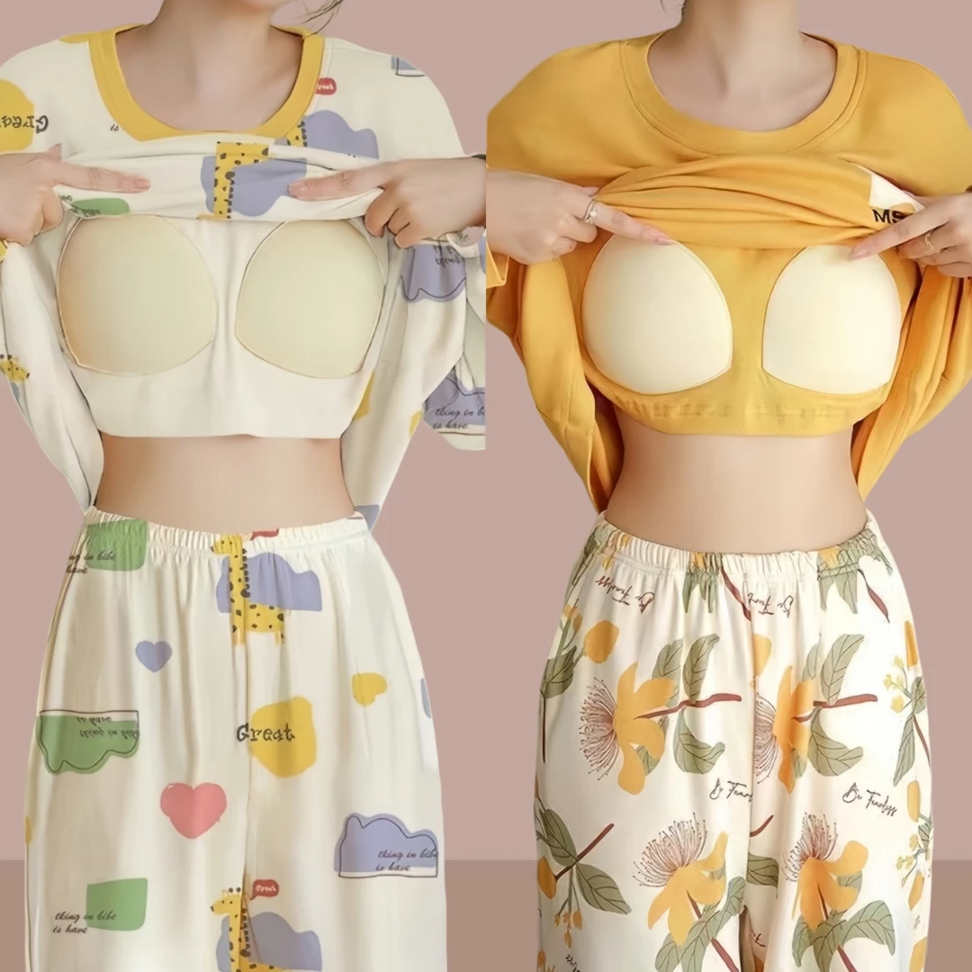 【带胸垫】睡衣2024春秋女款长袖长裤宽松显瘦休闲家居服女款外穿