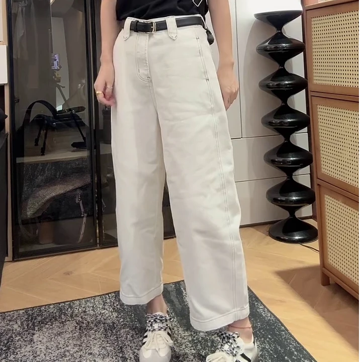 早秋新款百搭时尚九分奶奶裤胖MM梨型身材高腰显瘦宽松直筒牛仔裤