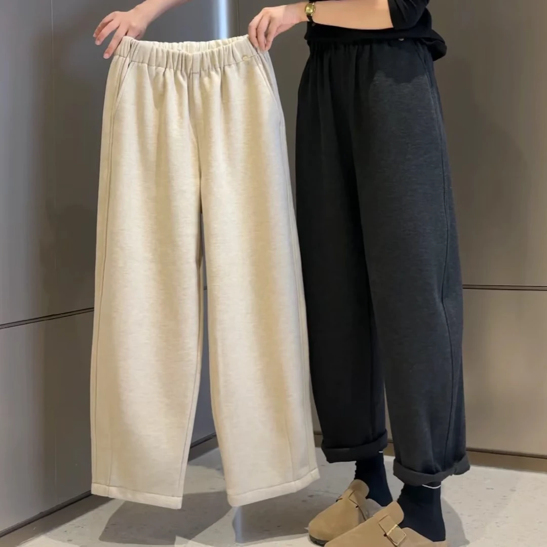 韩系松紧腰毛呢奶奶裤女秋冬新款加绒显瘦九分哈伦休闲直筒阔腿裤