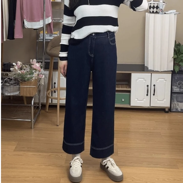 秋季新款九分小个子高腰直筒牛仔裤女大码梨形身材裤子显瘦阔腿裤