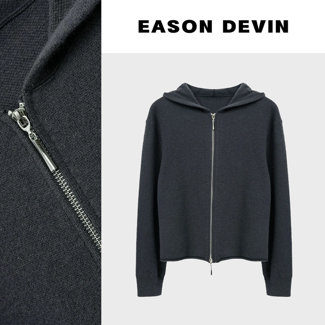 【陈陈专属】EASON DEVIN 新款简约宽松连帽针织开衫毛衣女百搭上衣