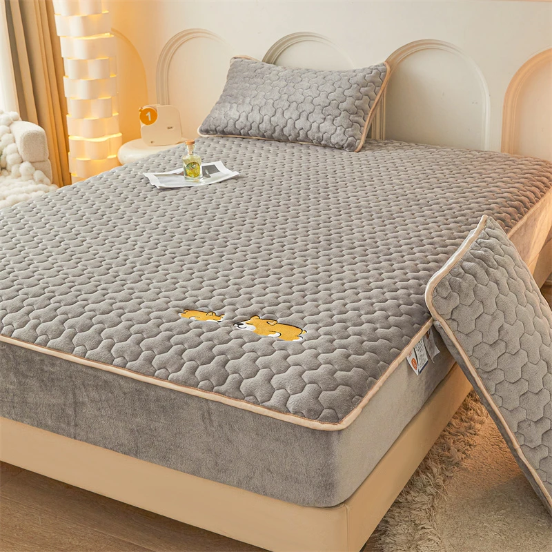 加厚夹棉床笠冬季A类刺绣牛奶绒床罩套全包床垫保护套法莱绒床套