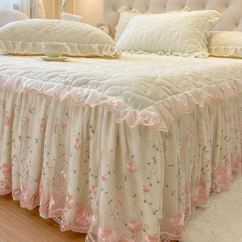 法式优雅蕾丝花边公主风牛奶绒床裙加厚冬宝宝绒保暖夹棉床罩床盖