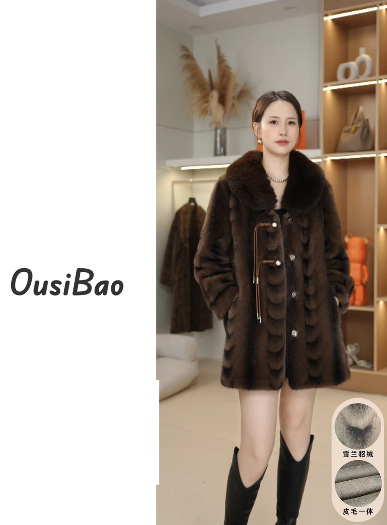 25年新款妈妈装冬季皮毛一体修身显气质时尚休百搭中长款貂绒外套