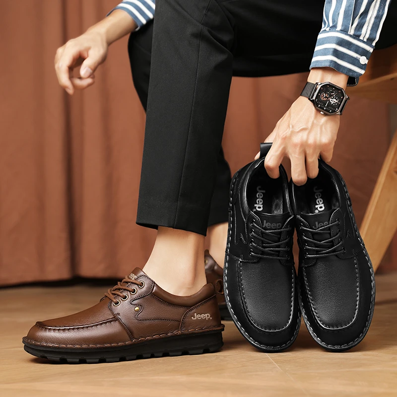 Jeep吉普男鞋新款黑色真皮皮鞋男士商务正装百搭英伦休闲鞋子B