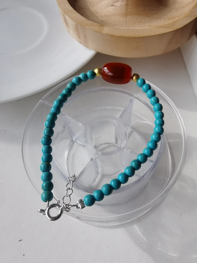 绿松石红玛瑙桶珠手链