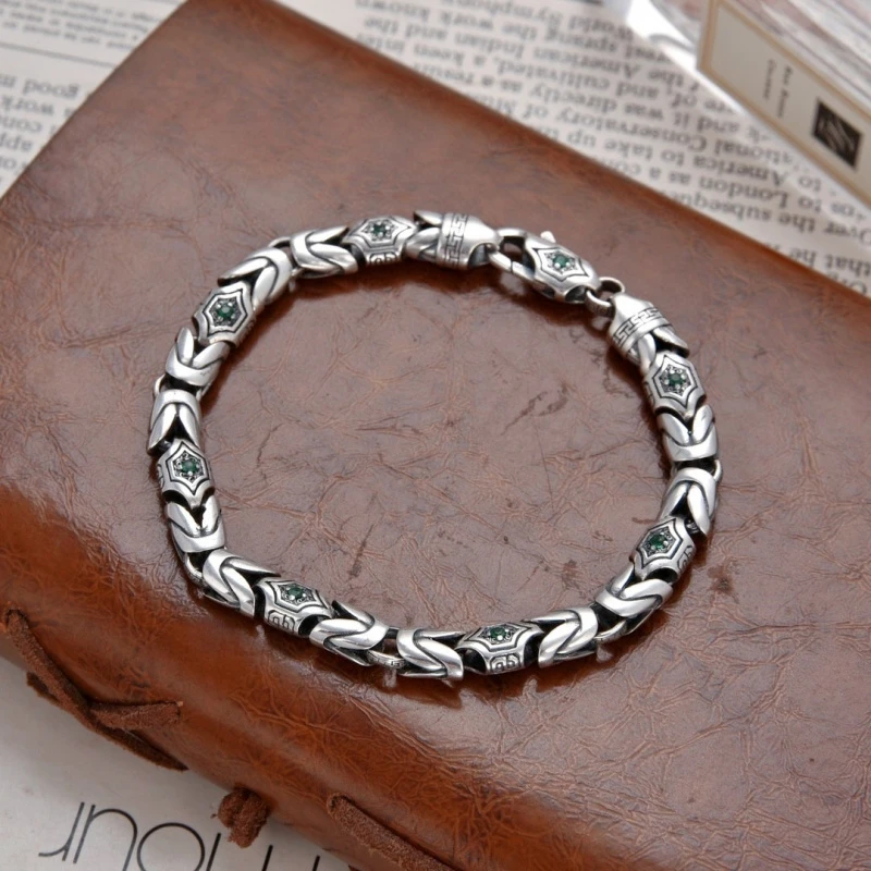 925银合成锆石手链 绿菱男士嵌钻平安纹手链古做旧名族风泰银潮流