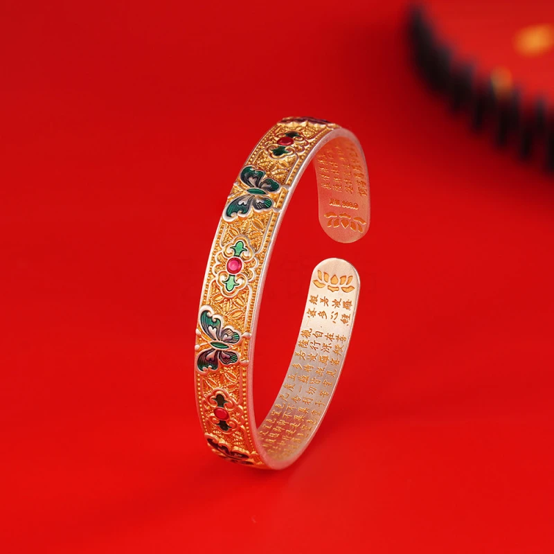 足银珐琅手镯 足银9999珐琅描金蝴蝶手镯纯银实心开口女士国潮心