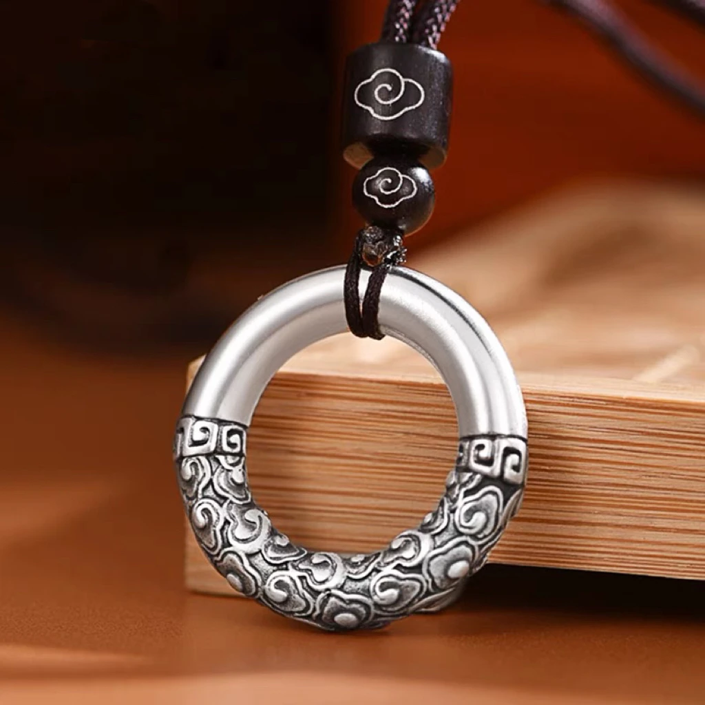 吊坠足银 足银999纯银复古祥云平安扣实心潮牌银饰品情侣挂件