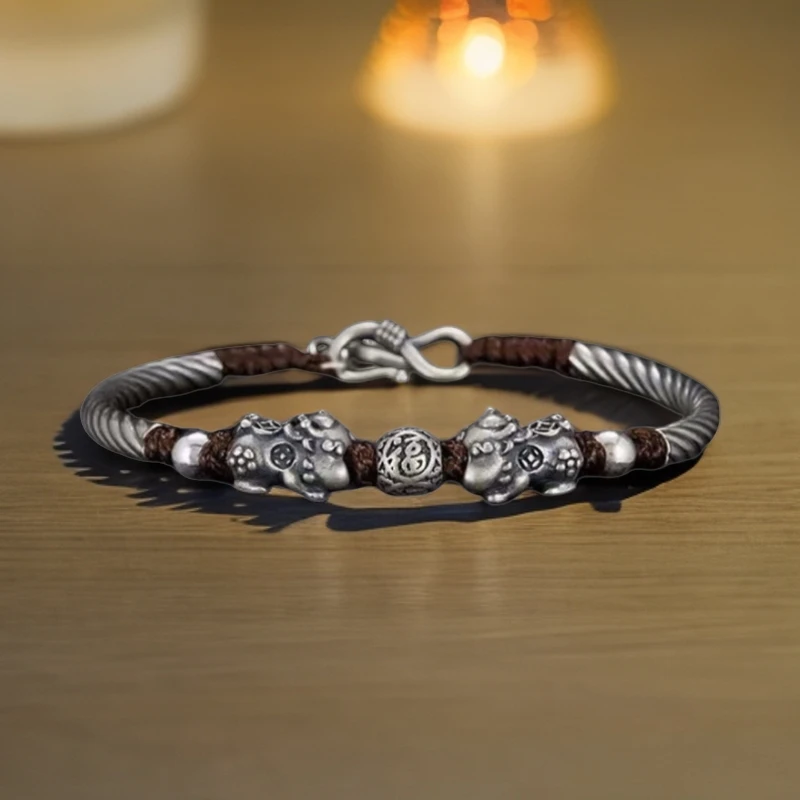 足银布艺手链 双貔貅手串·莲花纯银999男士女士复古做旧款情人节