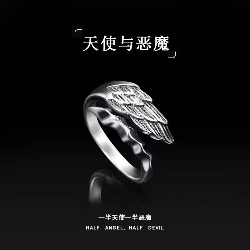 925银戒指 天使与恶魔s925纯银复古戒指男士轻奢时尚个性指环