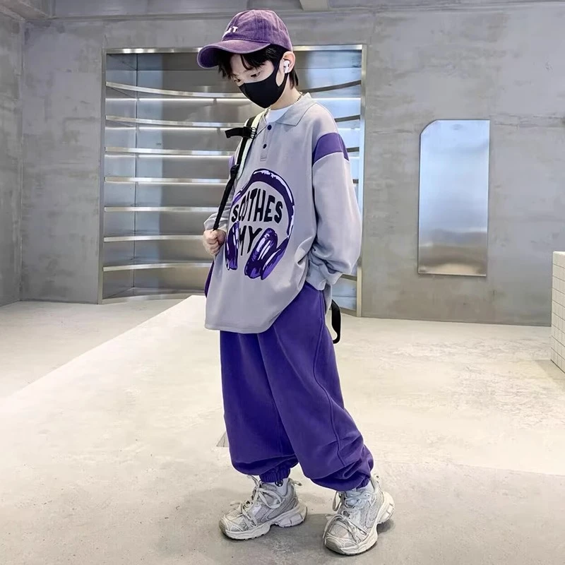 男童polo衫春秋季套装2025新款时髦中大童街舞个性运动宽松卫衣潮