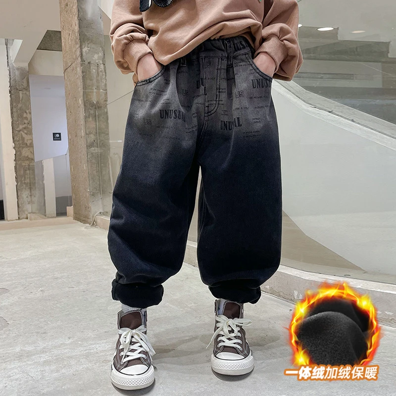 男童加绒裤子秋冬款一体绒2023新款大男孩儿童牛仔裤冬季加厚保暖