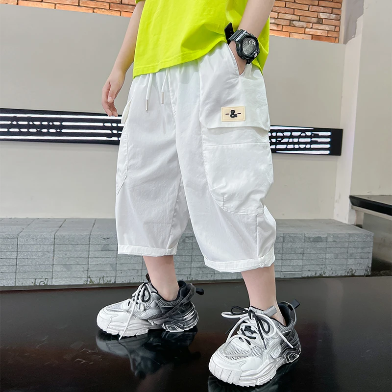 男童裤子夏季薄款2025新款儿童夏款中裤男孩七分裤宽松白色休闲裤