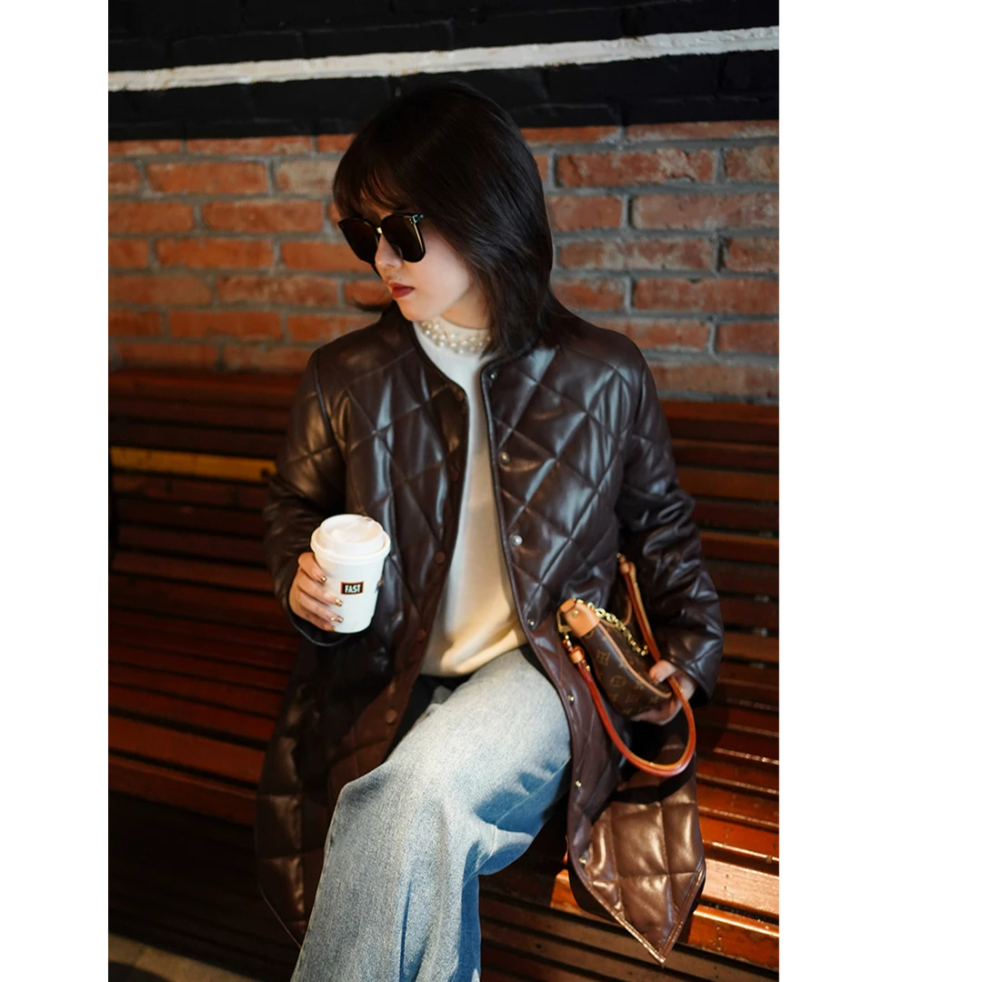 加大码女装胖MM2024冬皮质格纹中长款冷艳舒适抗风棉衣外套 多色