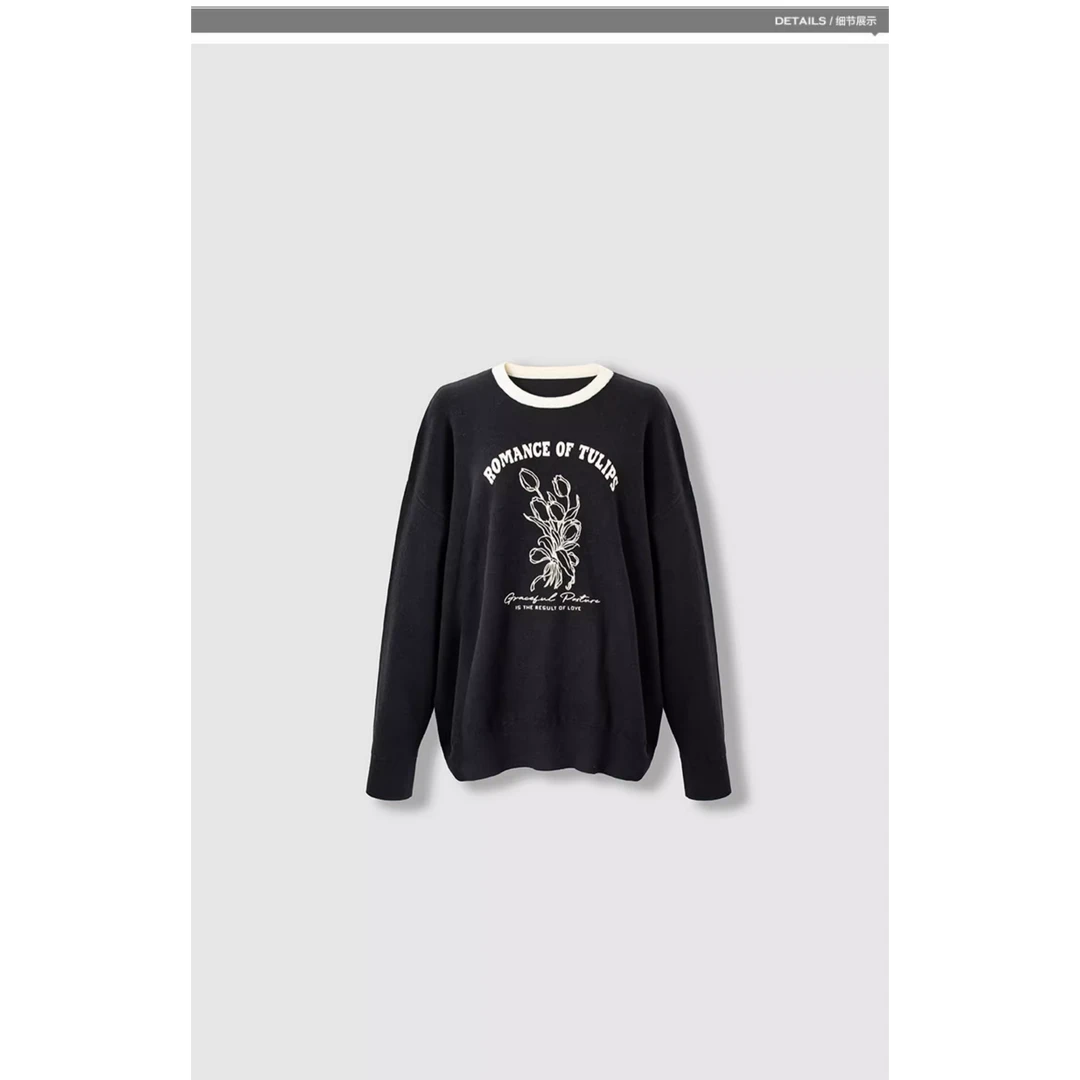 四月初九加大码女装胖MM2024秋美式复古撞色立体字母植绒印花卫衣