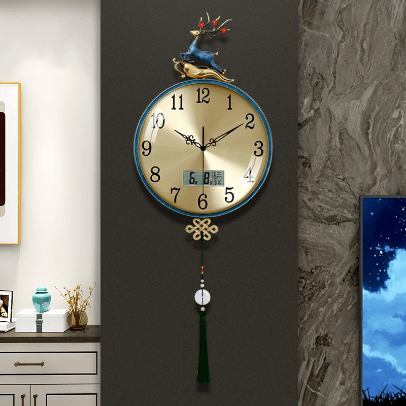 珐琅彩万年历黄铜钟表挂钟客厅新中式现代万年历日历石英钟挂表