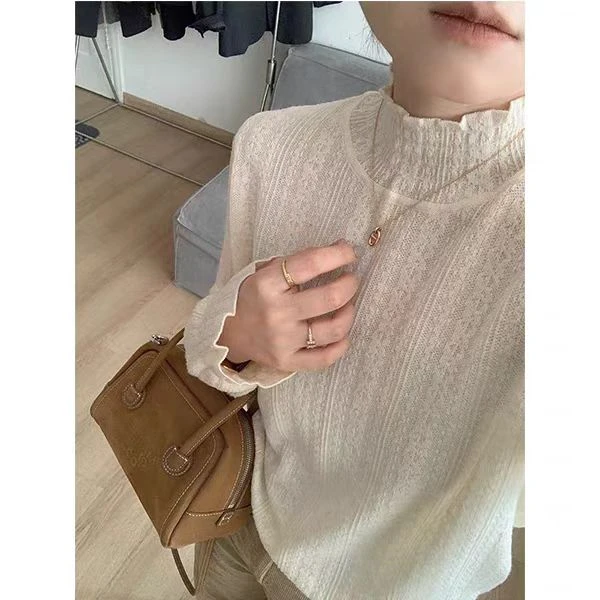 竖条提花荷叶领宽松半高领秋冬打底针织衫套头毛衣10201