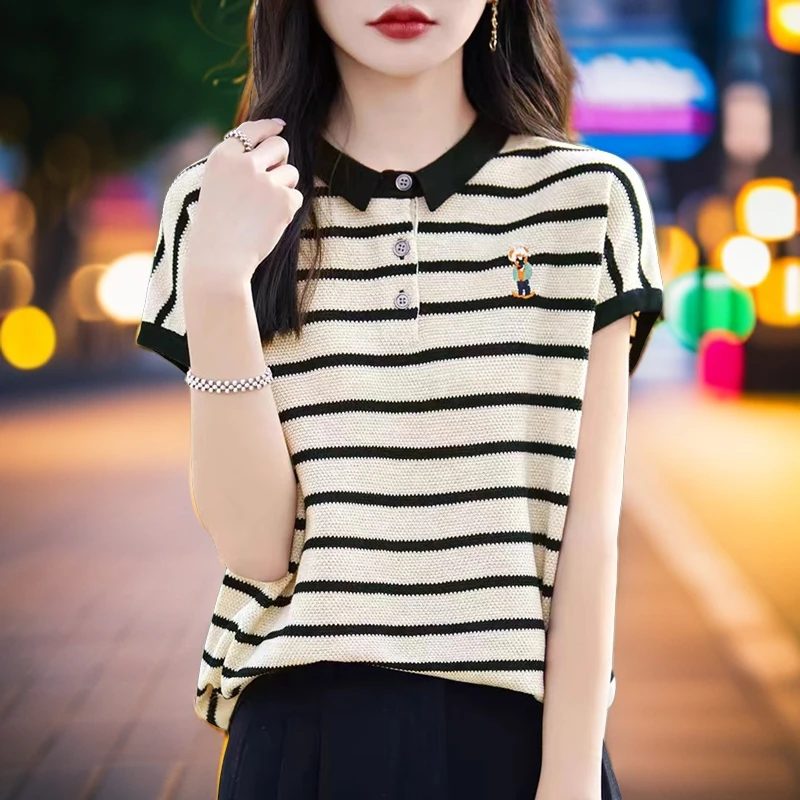 小熊刺绣条纹短袖polo领针织衫夏季丝光冰丝T恤128598