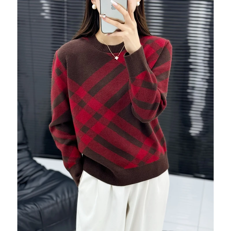 红咖撞色格纹针织衫高定时尚设计师新款毛衣1106