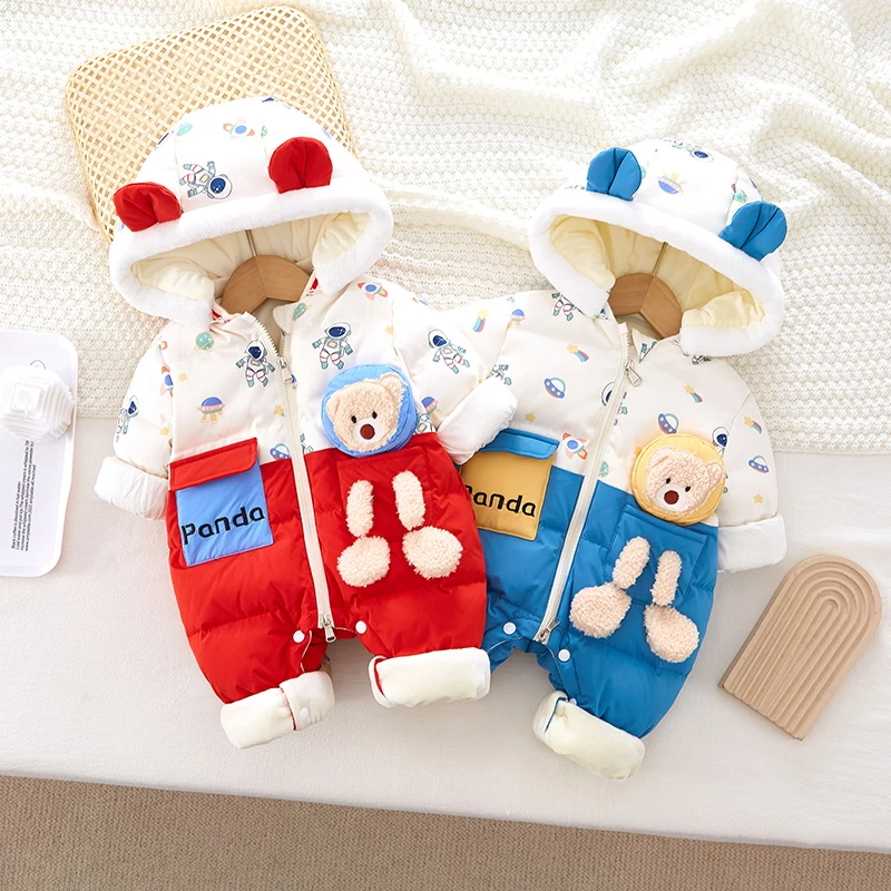婴儿冬季【手塞棉】可拆卸帽卡通方格熊哈衣YPD2901