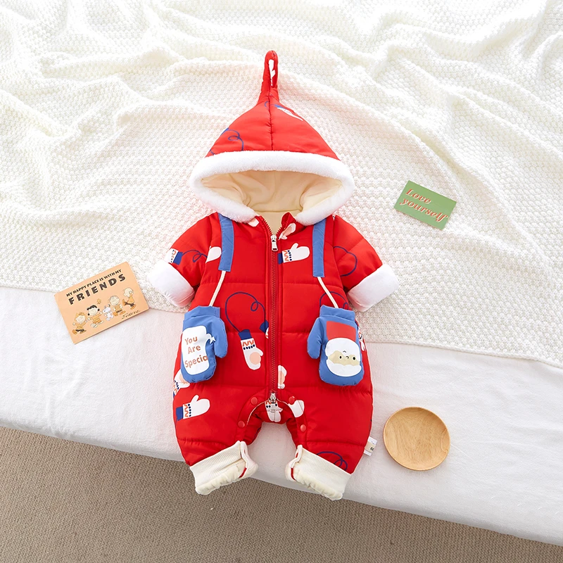 新生婴儿年服可爱圣诞老人手套棉哈衣加绒加厚婴儿拜年服YPDI279