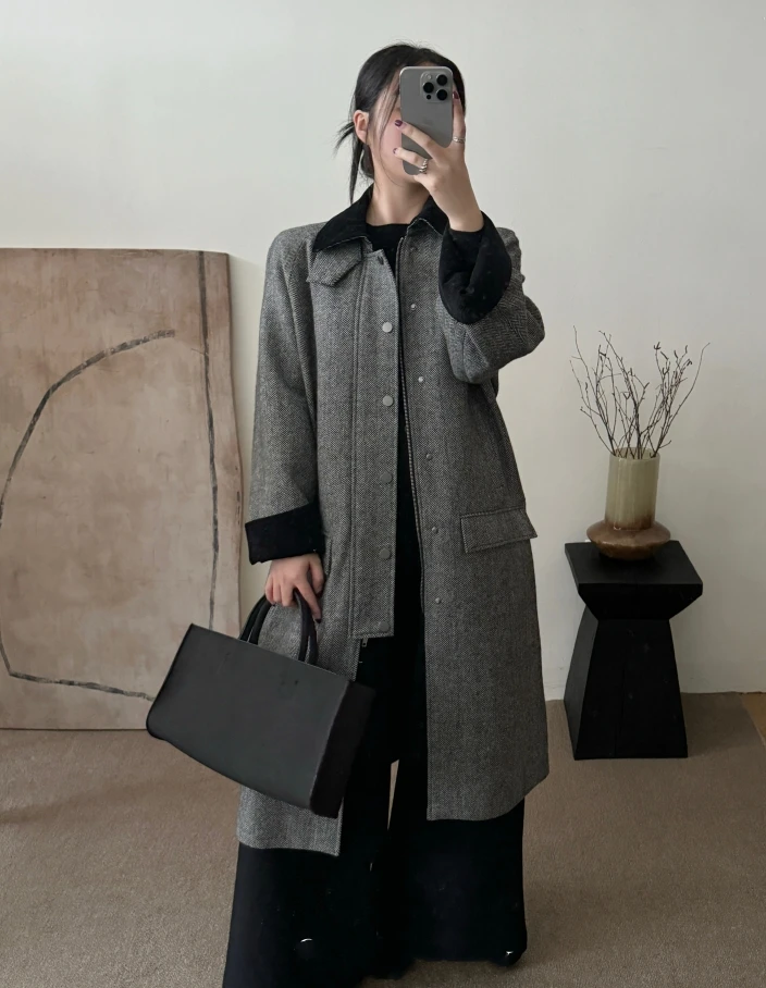 758（1585#库） 韩版气质毛呢长款翻领大衣 KC
