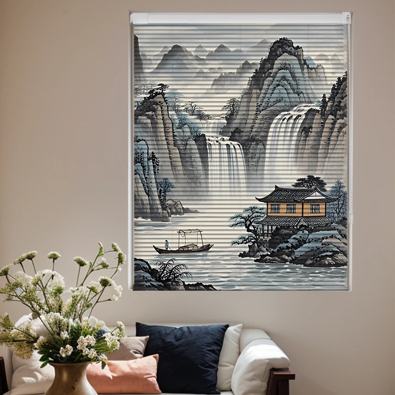 新中式定制客厅山水古风系列免打孔耐高温百叶帘防晒防水防油家居