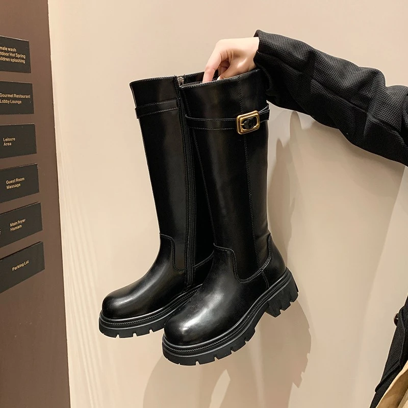 复古高筒骑士靴女2024秋冬新款粗跟增高圆头百搭时尚英伦风瘦瘦靴