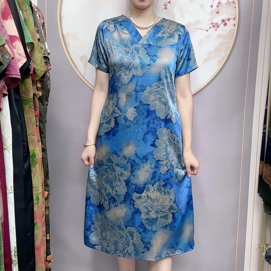 【蓝水牡丹】国风妈妈装时尚宽松连衣裙高档中老年女装夏季优雅长裙