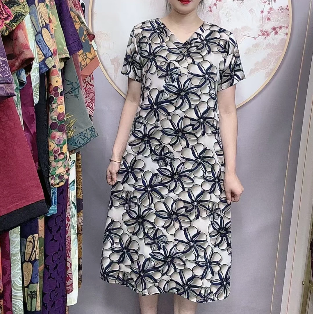 【立体蓝花】2024夏季妈妈装气质短袖连衣裙洋气中老年女装宽松长裙