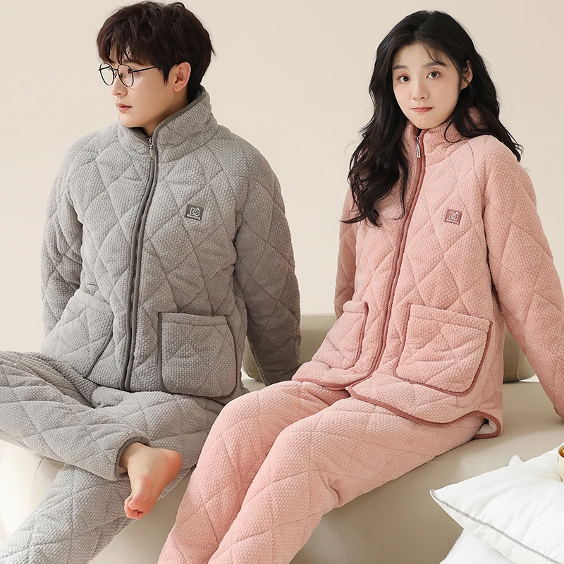 莉莉家三层夹棉情侣睡衣女玉色男灰色秋冬款加厚加绒保暖家居服