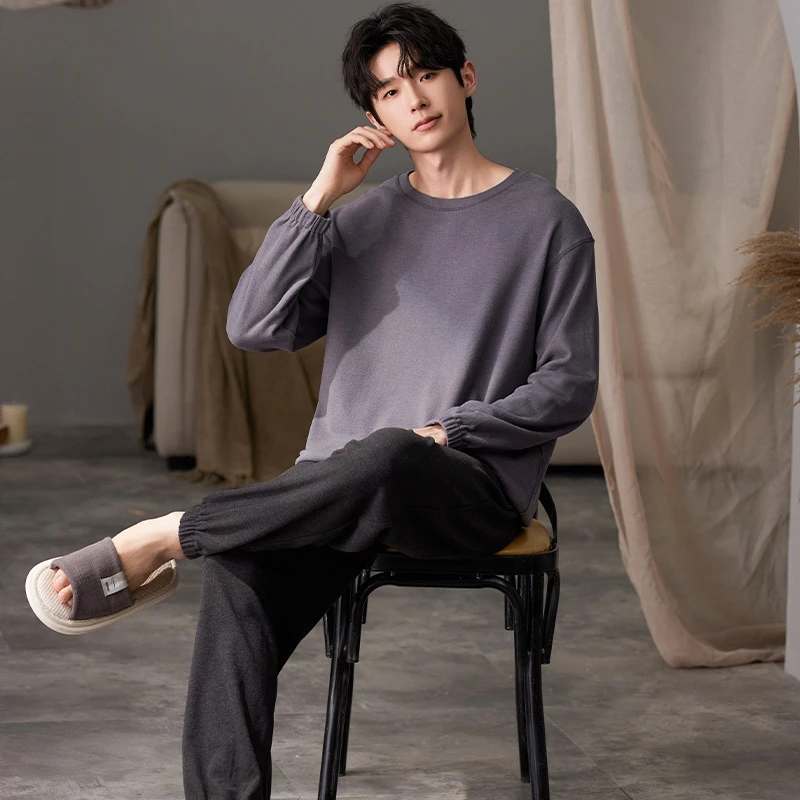 莉莉家阳离子绒男款套头深灰秋冬加厚加绒保暖家居服88694