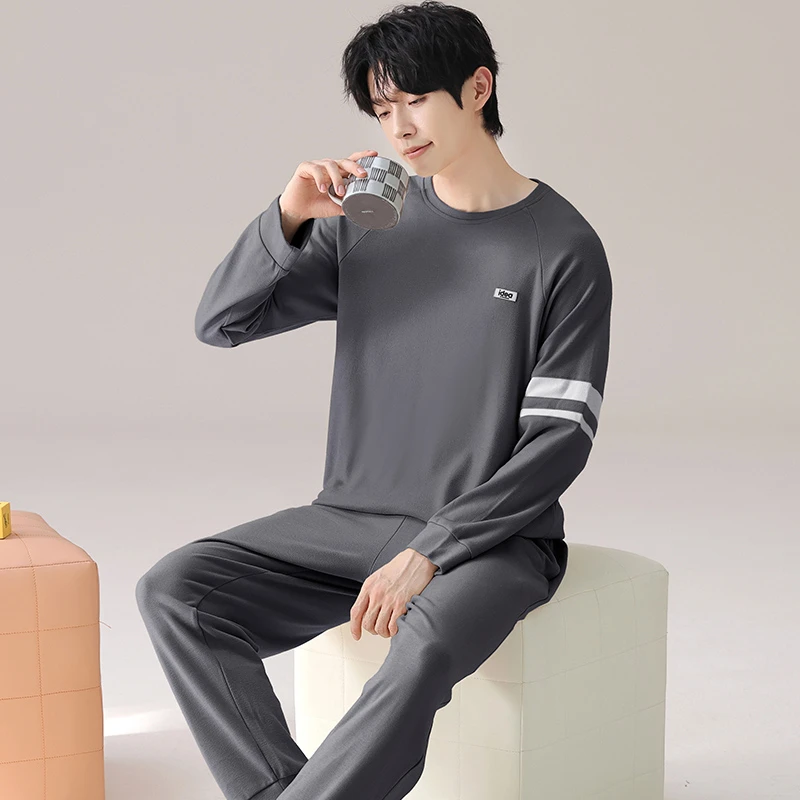 莉莉家阳离子绒男款套头深灰条纹秋冬加厚加绒保暖家居服24236