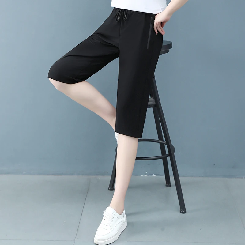女夏季薄款宽松大码百搭时尚速干冰丝透气跑步休闲黑色六分裤纯色