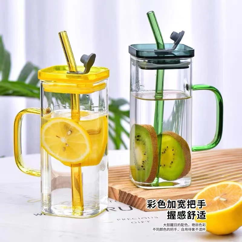高硼硅带盖四方吸管杯带把手杯子ins风水杯咖啡把手玻璃杯茶杯