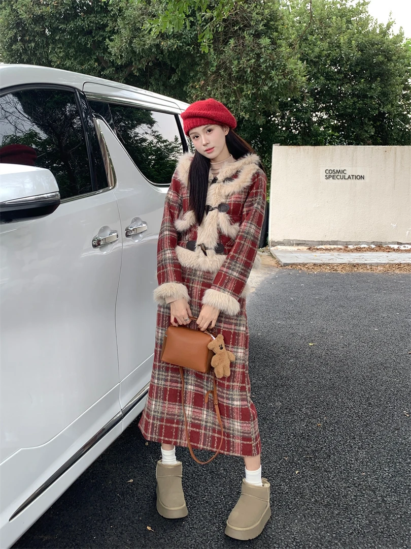 秋冬新款圣诞小香风格纹毛毛套装气质时尚复古毛呢中长款加厚格子