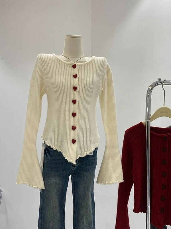 不规则喇叭袖针织开衫女早秋安哥拉红穿搭大朗毛衣内搭安可雷上衣