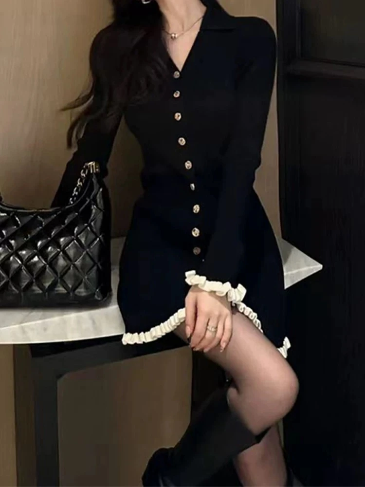 黑色小香风针织连衣裙女秋冬法式复古高级感富家千金A字毛衣裙子